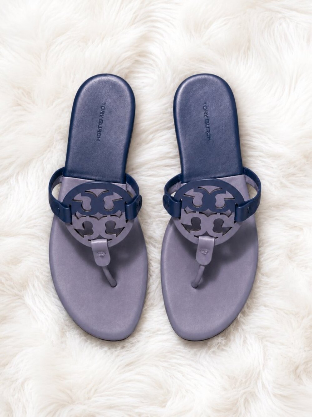 Limited Edition Tory Burch Colorblock Soft Miller Sandal Dark Lotus/Bermuda Blue